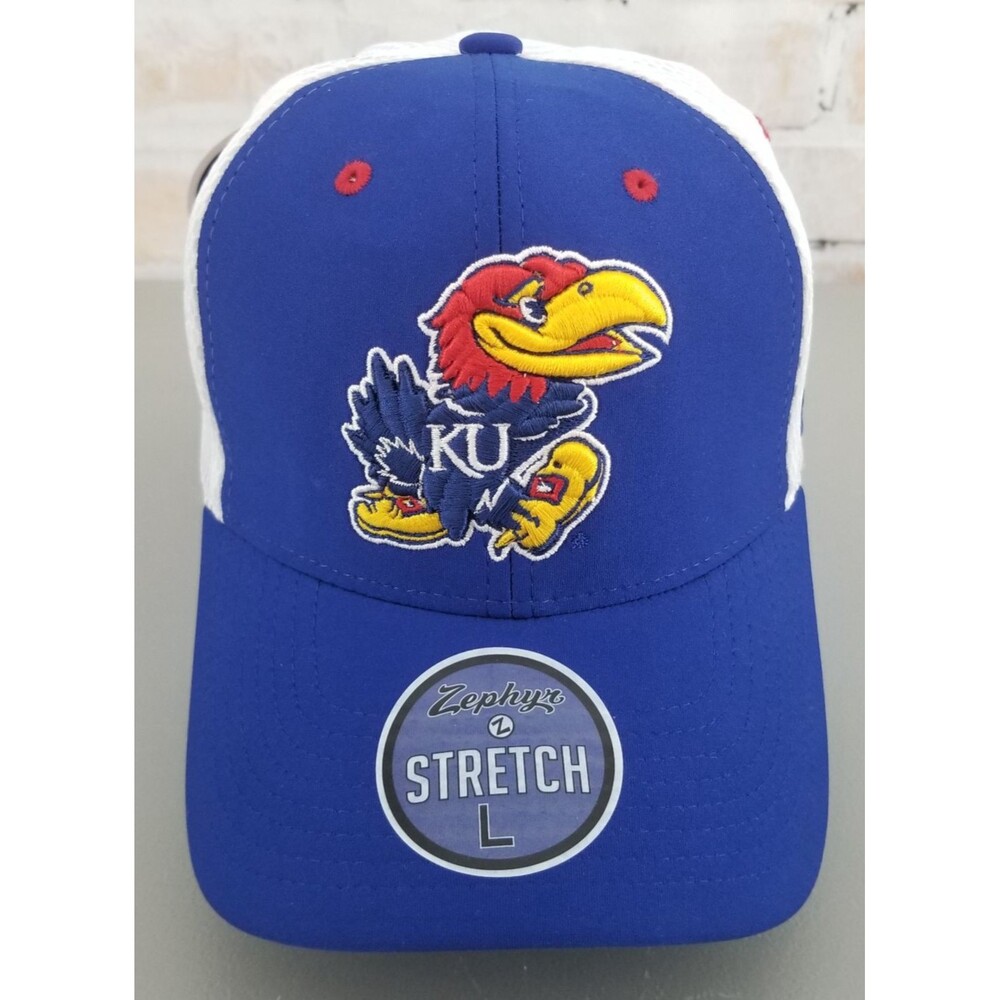 NWT Zephyr University of Kansas Jawhaks Blue/White Stretch Fit Hat/Cap Sz Large